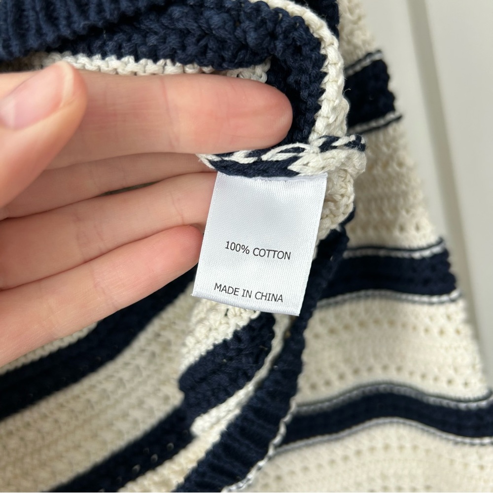 La Ligne Striped Pointelle Pullover Knit Sweater Cream/Blue Size Small - Picture 10 of 12